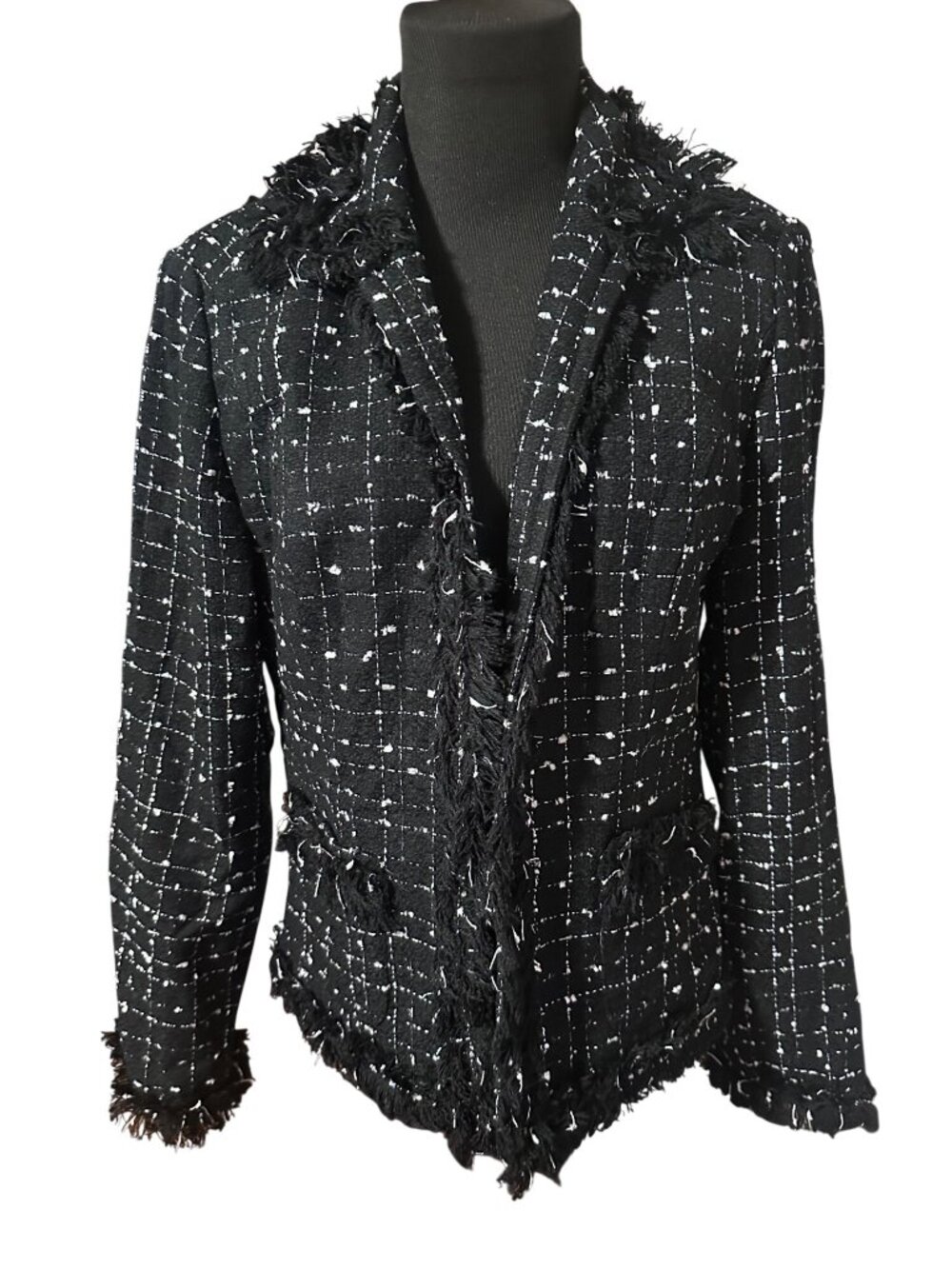 Vintage Drama black and white tweed jacket freyed cuffs, collar, hem size 10